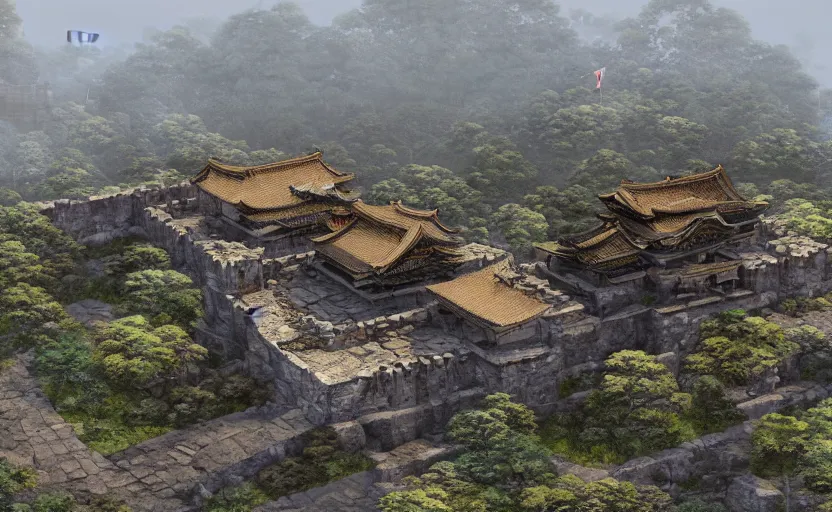 Image similar to highly detailed render of old, ruined, japanese fort from sengoku period, surrounded by dense rock formations, high in mountains, overcast weather, environment concept art, photobash, unreal engine render, nanite