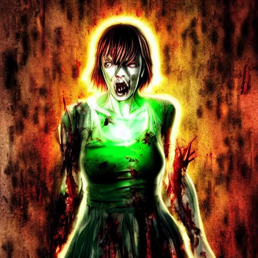 Prompt: angry zombie full body portrait of milla jovovich in an urban szene, grimdark horror, stylized digital illustration, radiating a glowing aura, global illumination, ray tracing, hdr, fanart arstation by ian pesty and katarzyna bek - chmiel