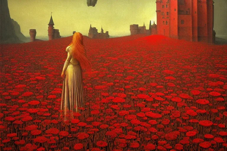 Image similar to only with red, red flowers of different types, a red tiger, a castle in the background, medieval demons dance over the flowers, an ancient path, in the style of beksinski, part by hopper, part by rodcenko, part by hofbauer, intricate composition, red by caravaggio, insanely quality, highly detailed, masterpiece, red light, artstation