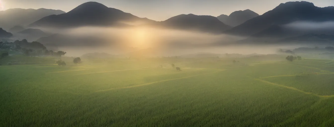 Image similar to Photo of paddy field of Baling with several village and rolling mountain at the background, wide angle, volumetric light, fog, mist, morning, hyperdetailed, light water, artstation, cgsociety, 8k