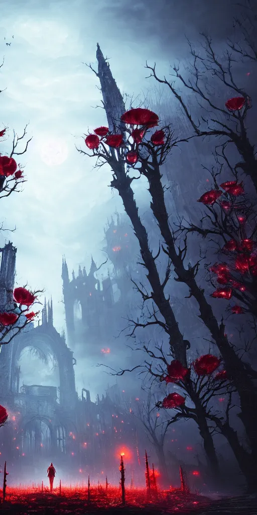 Image similar to abandoned bloodborne old valley with a person at the centre and a ruined gothic city at the end, trees and stars in the background, falling red petals, epic red - orange moonlight, perfect lightning, wallpaper illustration by niko delort and kentaro miura, 4 k, ultra realistic