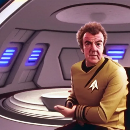 Prompt: Captain Jeremy Clarkson of the USS Enterprise sitting in the captain's chair, Star Trek: The Next Generation screenshot, 4k