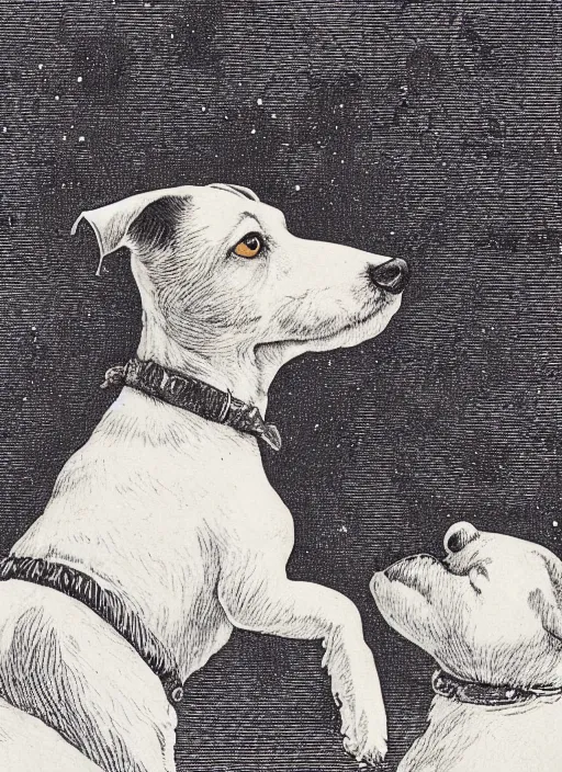 Prompt: candid portrait of jack russel dog looking up barking, from behind, night sky, highly detailed, side view, illustrated by peggy fortnum and beatrix potter and sir john tenniel