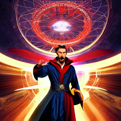 Image similar to dr strange summoning himself into a portal inside of a sandwich high atop a space mountain resort, highly detailed, photorealistic, artstation