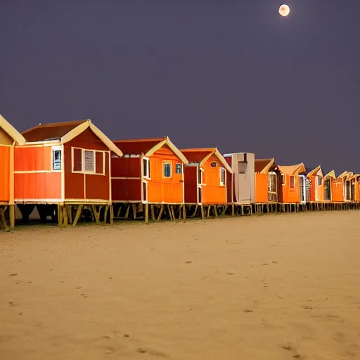 Prompt: there was a lovely orange super moon over the beach huts and the isle of wight, photo take by an amateur photographer