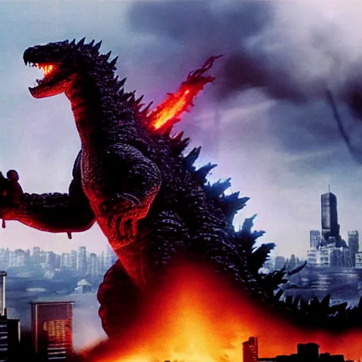 Prompt: photograph of Godzilla destroying a futuristic city while military helicopters fly over him, smoke and destruction, highly detailed, photorealistic