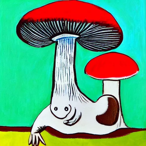 Prompt: picasso painting of a cute creature sitting next to a mushroom, detailed, realistic