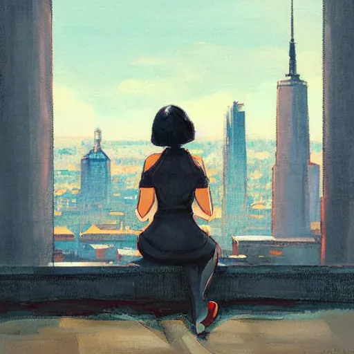 Image similar to woman sitting, city, looking down, street top view, by rossdraws, adrian wilkins, enoch bolles