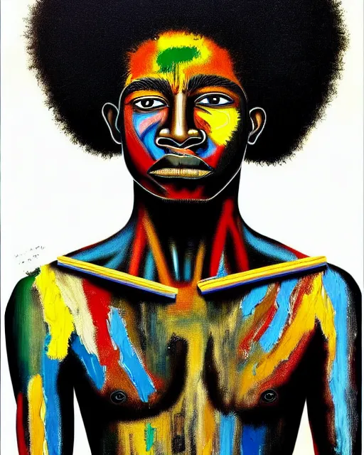 Image similar to A extremely ultra highly detailed majestic hi-res beautiful immaculate head and shoulders award winning painting stunning masterpiece of the face of a strong black african warrior man with an afro by Jean-Michel Basquiat, 8k, high textures, ultra hyper sharp, insanely detailed and intricate, super detailed, 8k HDR ultra high quality