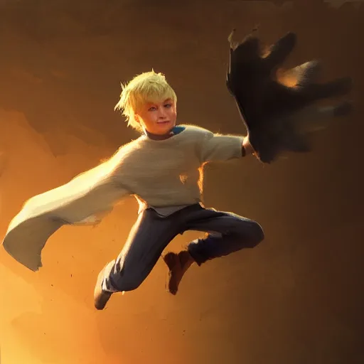 Image similar to blonde boy with golden eyes wearing a brown cape and flying in t pose, energy background, brush strokes, greg rutkowski