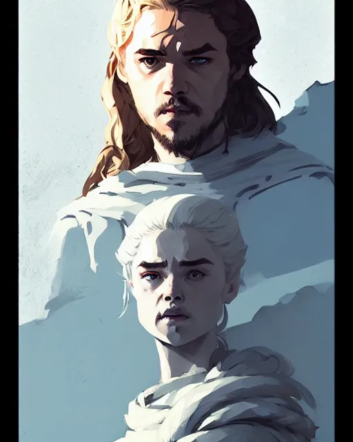 Prompt: portrait lord from game of thrones by atey ghailan, by greg rutkowski, by greg tocchini, by james gilleard, by joe fenton, by kaethe butcher, dynamic lighting, gradient light blue, brown, blonde cream and white color scheme, grunge aesthetic