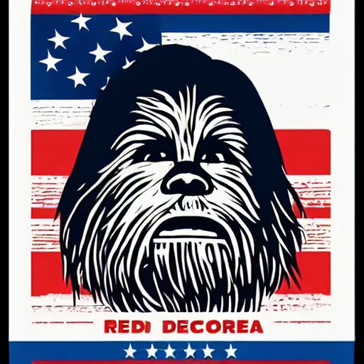 Image similar to chewbacca presidential election poster showing close up of chewbacca face red and blue duotone screenprint by sheperd fairey