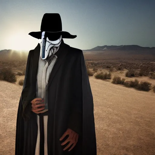 Image similar to a plague doctor cowboy standing near a western town in the desert, dynamic lights, ray tracing, photorealistic art, hyper realism, cinematic concept art