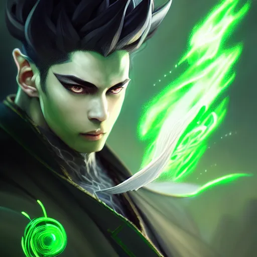 Image similar to a highly detailed portrait of a man with dark green hair and green glowing eyes, high detail clothing, fantasy, elegant, anime, digital painting, artstation, concept art, smooth, sharp focus, illustration, artbook, dynamic pose, splash art, promo art, soul caliber, art by artgerm and greg rutkowski and bo chen and jin xiaodi