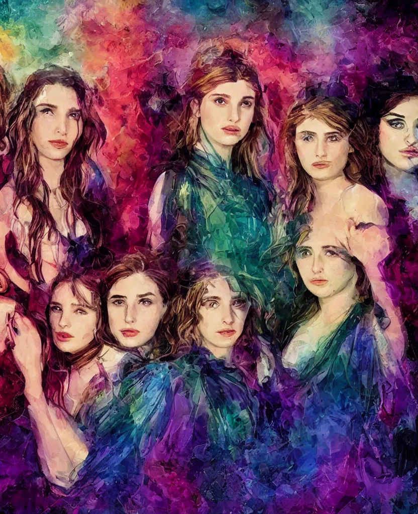 Image similar to young Emma Roberts, Thomasin McKenzie, and young Mädchen Amick as goddesses of ravens looking searchingly into your eyes. minute detail. blended shadowing. tricolors. ultra colorful. perfect lighting. perfect pose. amazing creative portrait illustration. the best portrait of a beautiful goddess in existence. large format image. image appears 3D.