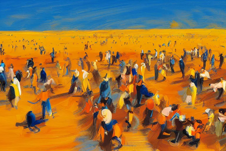 Image similar to detailed digital painting of a crowd of happy jews in the desert harvesting!! manna, yellow orange and blue color scheme, by sherree valentine daines and ross trann, trending on art station 8 k