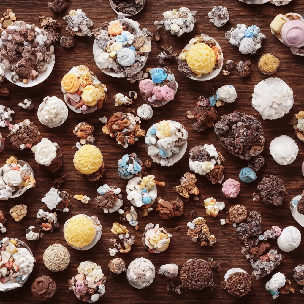 Prompt: wide-angle photo of confectionaries on top of a wooden table, 8k, high detail, photorealistic, proper shading