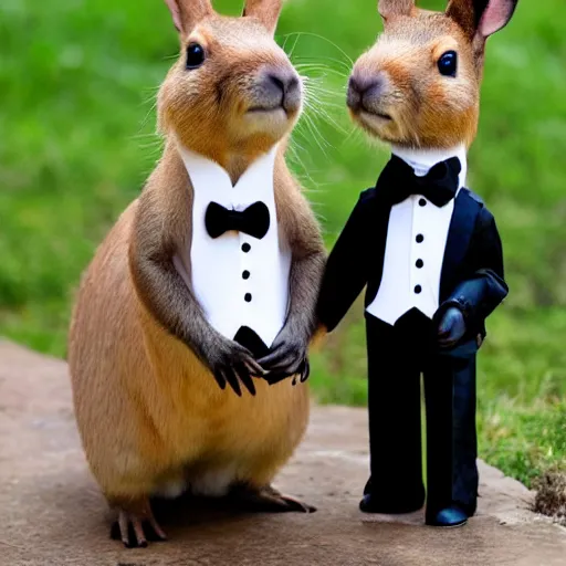 Image similar to a capybara wearing a tuxedo being wed to a rabbit wearing a wedding dress