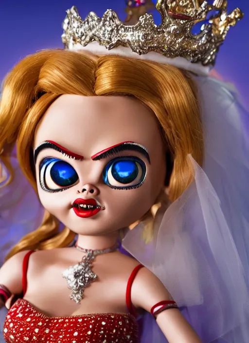 Prompt: closeup face profile portrait of tin toy bride of chucky as a fairytale princess wearing a crown eating cakes, bikini, depth of field, zeiss lens, detailed, symmetrical, centered, fashion photoshoot, by nicoletta ceccoli, mark ryden, lostfish, breathtaking, 8 k resolution, extremely detailed, beautiful, establishing shot, artistic, hyperrealistic, octane render
