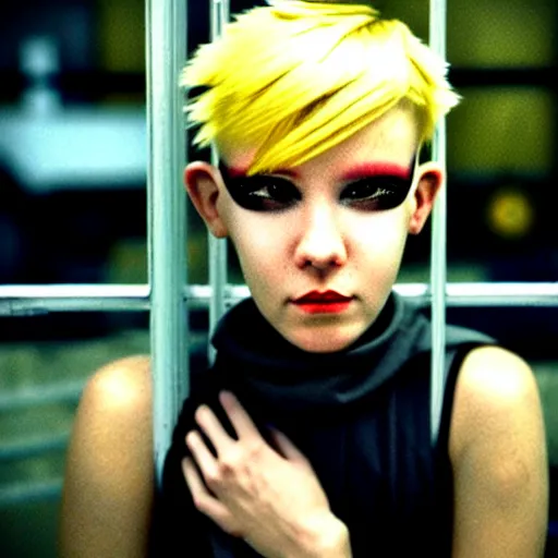 Image similar to worried, beautiful android looks out at you through the window in a dirty abandoned factory, short spiky blonde hair, cyberpunk outfit, kodachrome