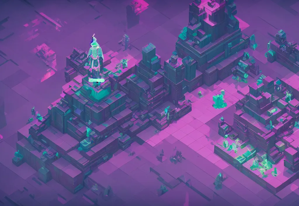 Image similar to isometric magicavoxel bloodborne no mans sky character, vaporwave, cinematic lighting, 4 k