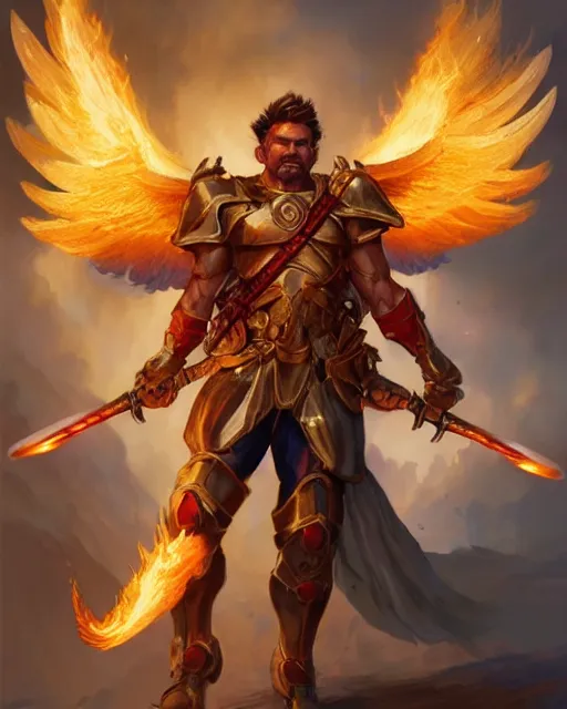 Prompt: character portrait of a brawny male angel of justice, with fiery golden wings of flame, wearing shining armor, wielding flaming sword and shield, by peter mohrbacher, mark brooks, jim burns, wadim kashin, greg rutkowski, larry elmore, trending on artstation