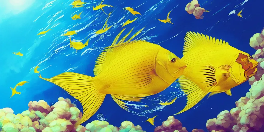 Image similar to giant yellow angelfish swimming through a sea made of big puffy clouds, large polygonal background elements, large polygons, dramatic anime, dramatic lighting, artgerm, manga, trending on artstation, art nouveau, mature colors