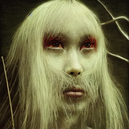 Prompt: by waterhouse, ( ( ( ( by beksinski ) ) ) ), by millaise, high quality, photography portrait of a victorian yokai, haunting, photorealism, hyper - realism, octane render, highly detailed, 8 k,