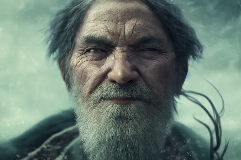 Prompt: an ultra realistic cinematic close up headshot portrait of an evil wizard, background of a vast serene landscape with trees and rivers, detailed, deep focus, movie still, dramatic lighting, ray tracing, by michal karcz and yoshitaka amano