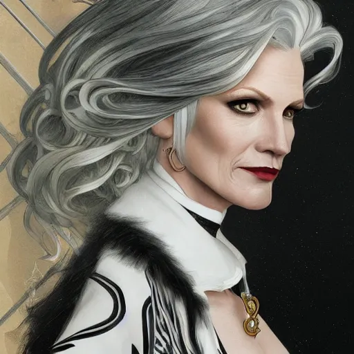 Prompt: portrait of Anna Gunn as Cruella de Vil, elegant, intricate, headshot, highly detailed, digital painting, artstation, concept art, sharp focus, illustration, art by artgerm and greg rutkowski and alphonse mucha