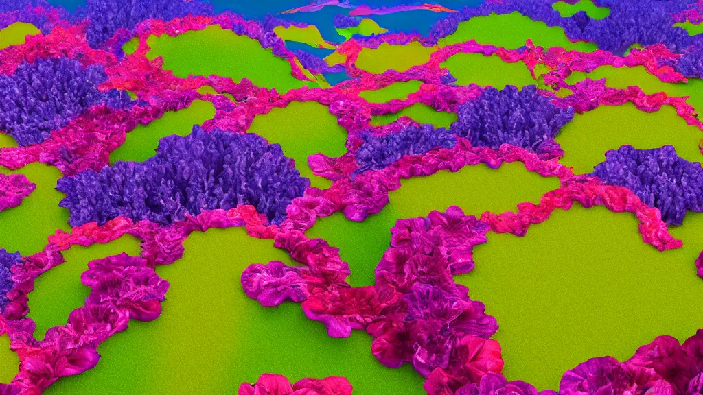 Image similar to digital illustration of a lake full of giant multi - colored petunia flowers by dr. seuss, reimagined by ilm and beeple : 1 | megaflora, spectral color, electric color, rolling hills : 0. 9 | fantasy : 0. 9 | unreal engine, deviantart, artstation, hd, 8 k resolution : 0. 8