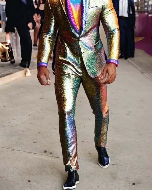 Prompt: the rock wearing a rainbow metallic suit with dramatic ruffles