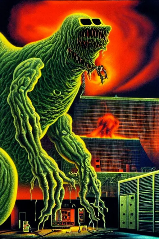 Image similar to a hyperrealistic detailed painting of a code red emergency at the nuclear power plant, radioactive chimeric radiation monster eating the laboratory, action horror by chris cunningham and richard corben, highly detailed, vivid color,