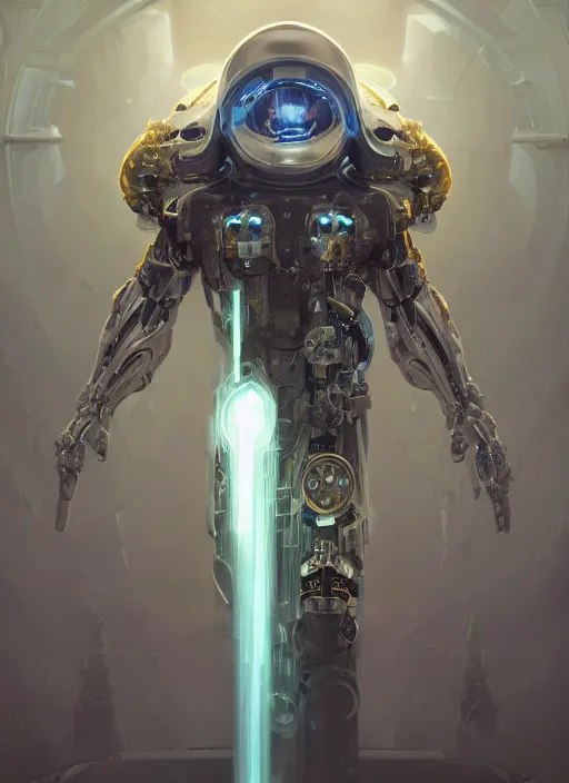 Image similar to benevolent cyborg necromancer, scifi, futurism, helpful, kind, intelligent, alien room background, white, blue, gold, highly detailed, trending on artstation, soft light, sharp edges, illustration, technology, art by vitaly bulgarov and nivanh chanthara