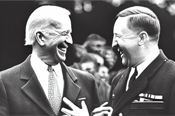 Image similar to “ very very intricate photorealistic photo of hitler and joe biden laughing together, detailed natural lighting, award - winning crisp details ”