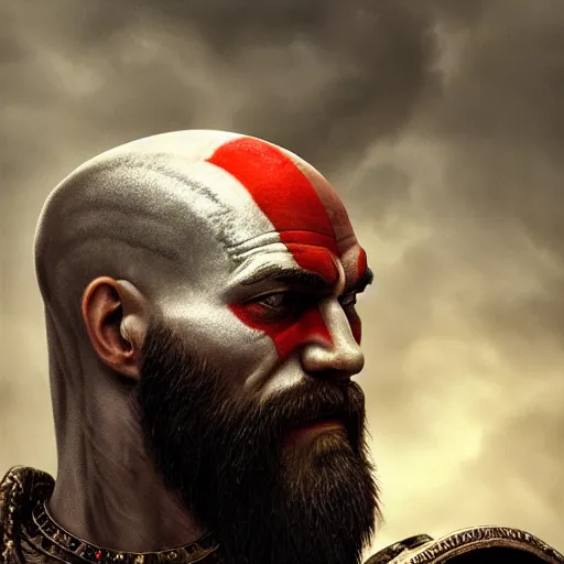 Image similar to portrait of kratos, intricate artwork, concept art, octane render, deviantart, cinematic, key art, hyperrealism, iridescent accents, portrait photograph, nikon 3 5 mm, photograph by greg rutkowski