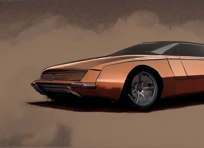 Image similar to wide view shot of a copper colored car, designed by dmc and gmc, concept art style by john berky and liam wong and michael whelan.