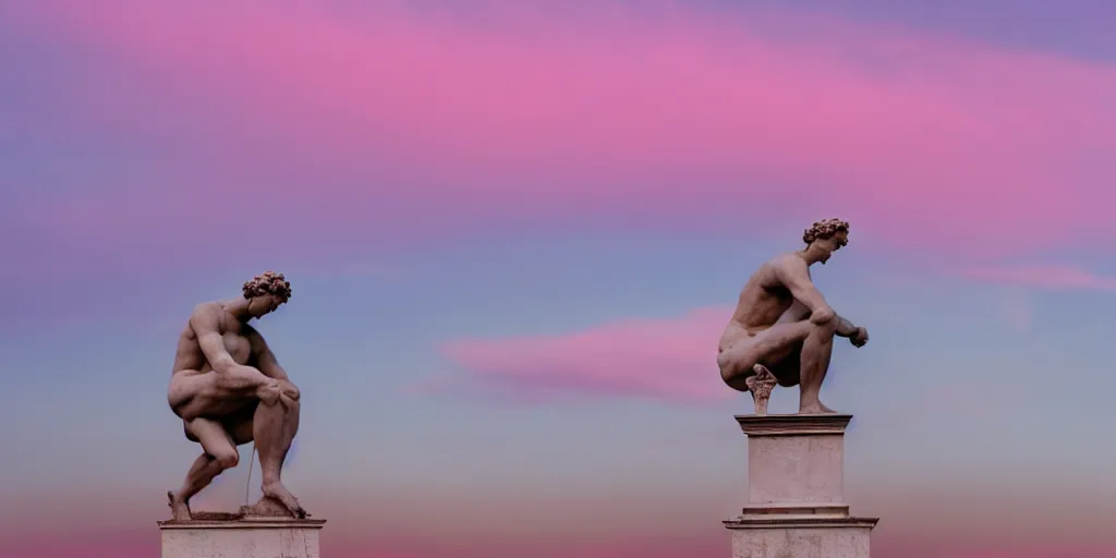 Prompt: a photograph of one greek statue thinking deeply with a pink sky in the background, hyper realistic, dramatic angle, 8 k