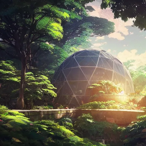 Image similar to geodesic dome with gardens and waterfall, gapmoe kuudere moody lighting stunning bokeh highlights sharp contrast | trending pixiv fanbox | by greg rutkowski makoto shinkai takashi takeuchi studio ghibli