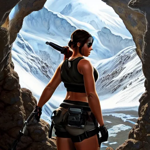 Prompt: perfectly-centered-full-shot photo of thicc lara croft, snowy mountains, crouched at a cave, big bust, intricate, elegant, super highly detailed, professional digital painting, artstation, concept art, smooth, sharp focus, no blur, no dof, extreme illustration, Unreal Engine 5, 8K, art by artgerm and greg rutkowski and alphonse mucha and loish and WLOP
