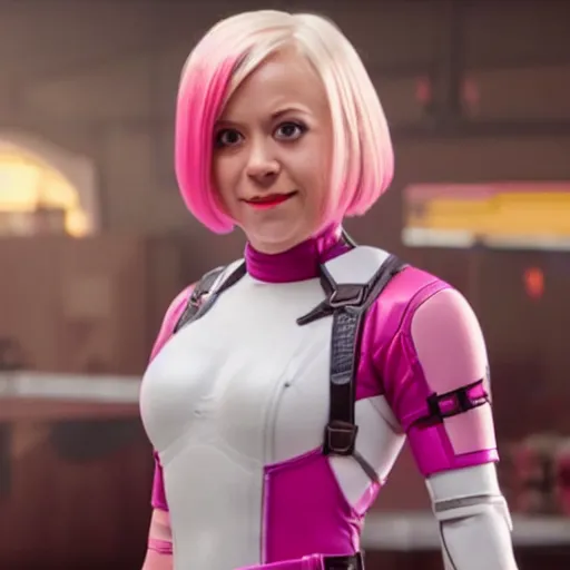 Prompt: A still of Gwenpool in Deadpool 3 (2023), blonde hair with pink highlights, no mask, white and light-pink outfit, smiling at the camera, comics accurate design
