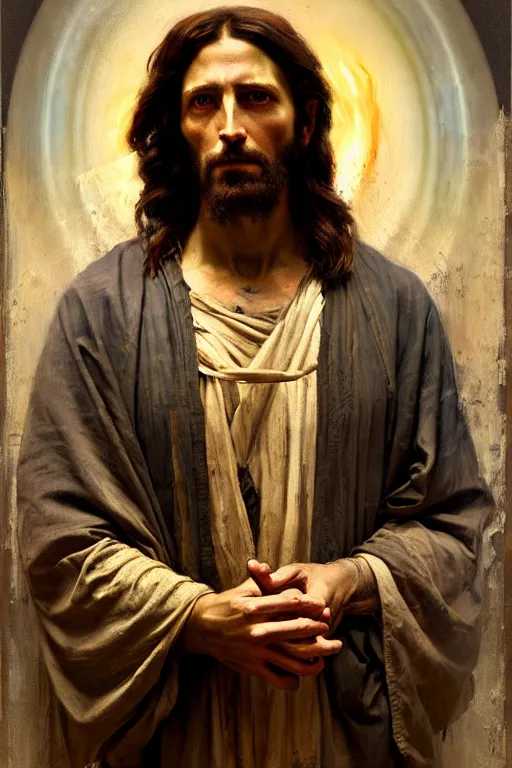 Image similar to photograph imax and solomon joseph solomon and richard schmid and jeremy lipking victorian loose genre loose painting full length portrait painting of jesus