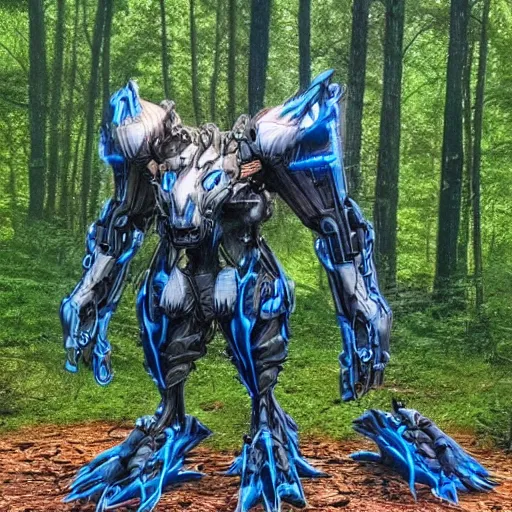 Image similar to realistic mech beast cyber fantasy magitech creature out in the woods