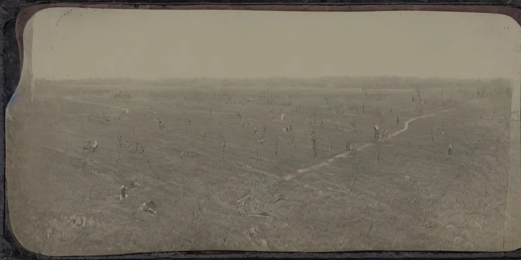 Image similar to american civil war trench battle, long wide trenches in the ground, tiny puffs of smoke, aerial view, tintype photograph