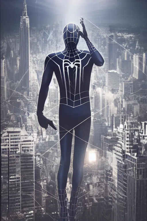 Prompt: metallic reflective silver spider-man, character poster, dramatic lighting, atmospheric dust, intense lens flare, hazy city backdrop