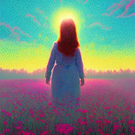 Image similar to girl with one flower as a face, in a field with flowers, hills, big trees, sunrise dramatic light, impressionist painting, colorful clouds, digital painting, pointillism, artstation, simon stalenhag