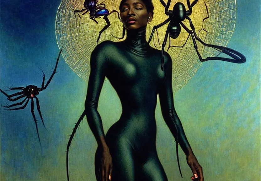 Image similar to realistic detailed portrait movie shot of a beautiful black woman in a transparent sheer suit raincoat dancing with a giant spider, futuristic sci fi landscape background by denis villeneuve, jean delville, monia merlo, ernst haeckel, alphonse mucha, max ernst, caravaggio, roger dean, sci fi necklace, masterpiece, dreamy, rich moody colours