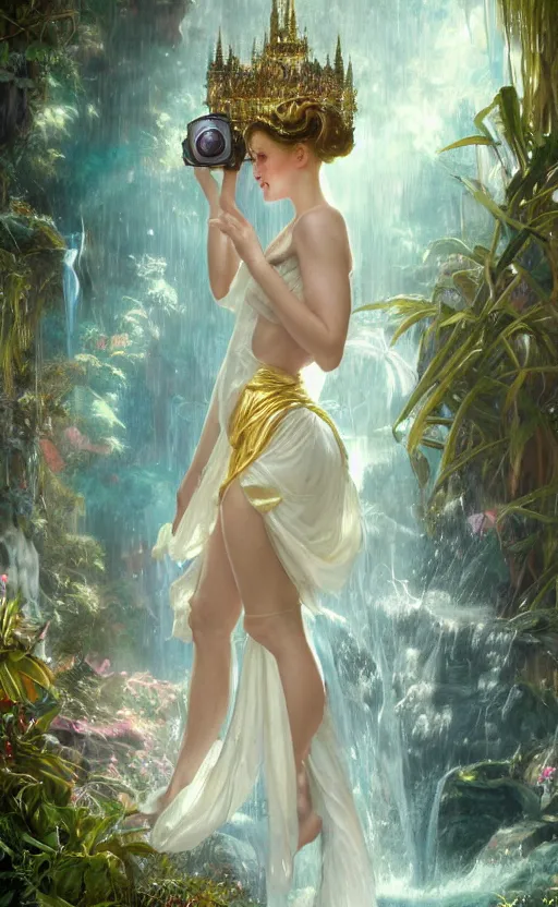 Image similar to hyper realistic photographer looking through a vintage medium format camera, taking pictures, magic pouring from lens, fantasy castle, full body waterfall water dress, design on white background, beautiful details, lush foliage cyberpunk, gold, drawn by john singer sargent, tom bagshaw, norman rockwell, alphonso mucha, lolish, trending on artstation