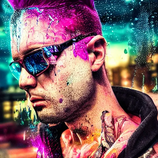 Image similar to splashes of neon clouds, mowhawk, suspenders, punk portrait made out of paint with rain in the background, trending on artstation, epic composition, emotional, beautiful, rendered in octane, highly detailed, realistic, comic book art, sharp focus, matte painting, unreal engine