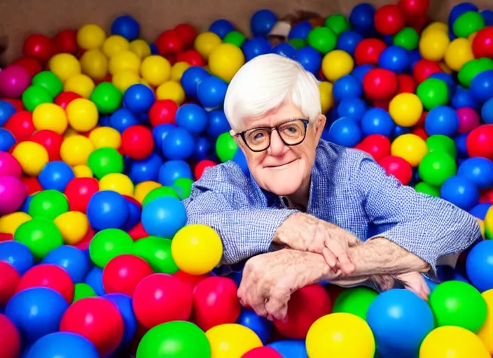 Prompt: photo still of phil donahue in a ball pit!!!!!!!! at age 6 6 years old 6 6 years of age!!!!!!!! hiding from parents, 8 k, 8 5 mm f 1. 8, studio lighting, rim light, right side key light